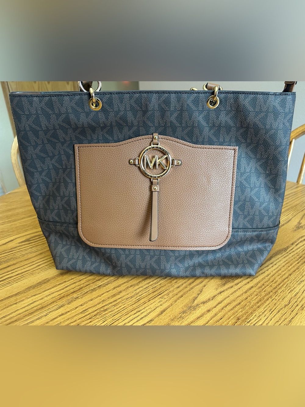 Michael Kors Black Signature Tote with Brown Front Pocket